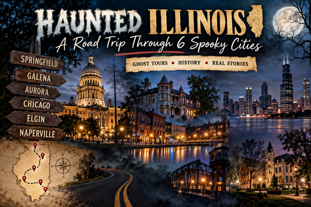 haunted-illinois-road-trip-ghost-tours.png Haunted Illinois road trip featuring Springfield, Galena, Aurora, Chicago, Elgin and Naperville ghost tours
