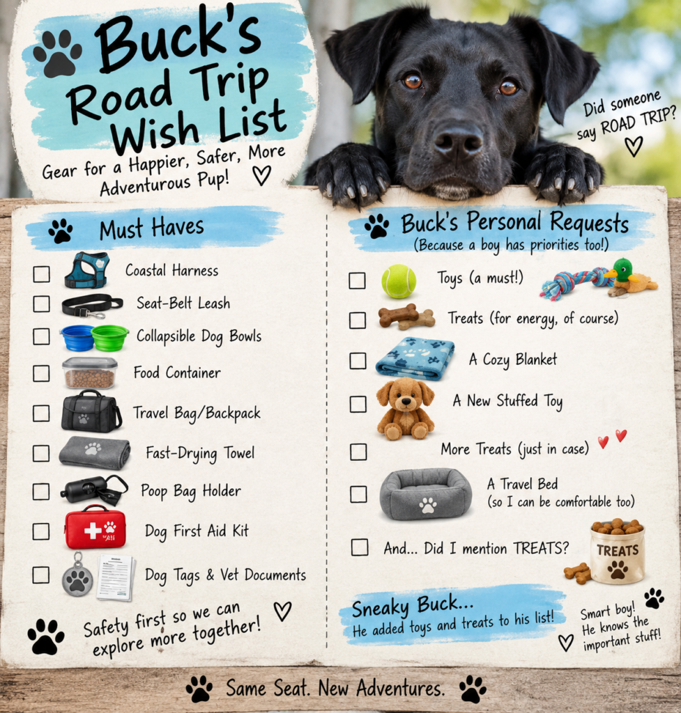 Buck's road trip wish list with dog travel essentials, toys and treats