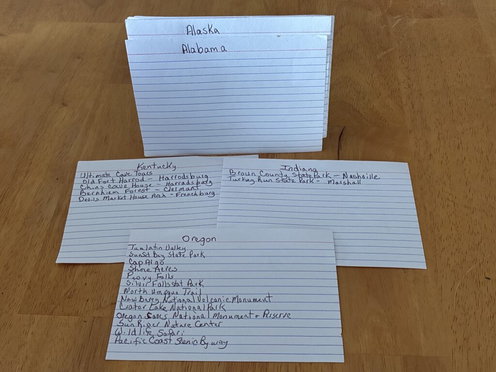 Travel bucket list index cards organized by state with places to visit