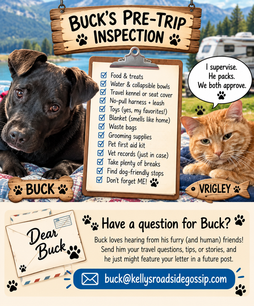Buck’s Pre-Trip Inspection Illustrated road trip checklist featuring Buck the dog and Wrigley the cat, with camping essentials and an invitation to write to Dear Buck.
