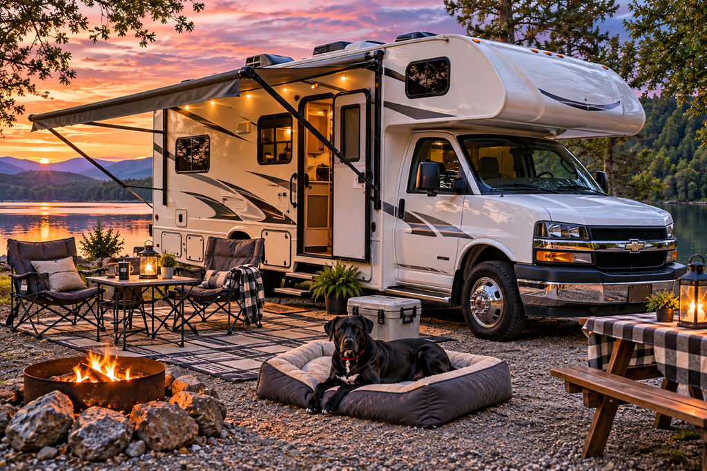 Cozy Lakeside RV Campsite at Sunset White Chevrolet Class C motorhome parked beside a scenic lake at sunset, with a black dog relaxing on his bed near the campsite.