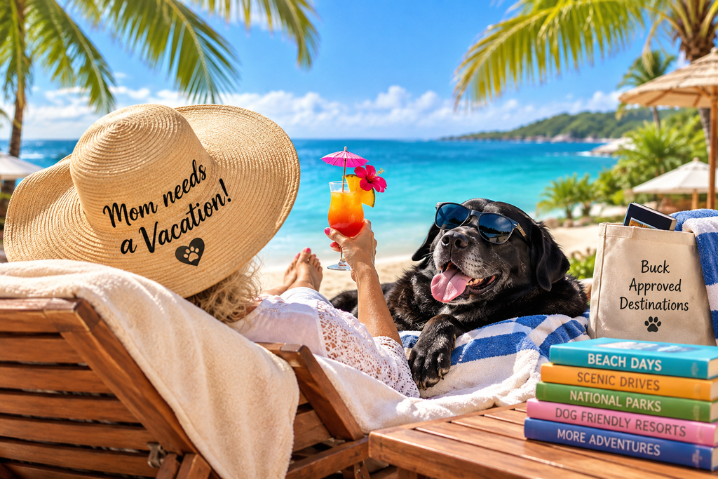 Mom and Dog’s Tropical Getaway Illustration of Mom relaxing at a tropical oceanfront resort with Buck, her black dog, enjoying the beach beside her.