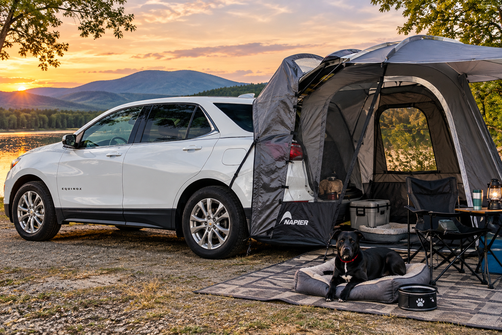 Sunset Lakeside SUV Camping Retreat White Chevy Equinox with an attached camping tent beside a lake, with a black dog relaxing on his bed.