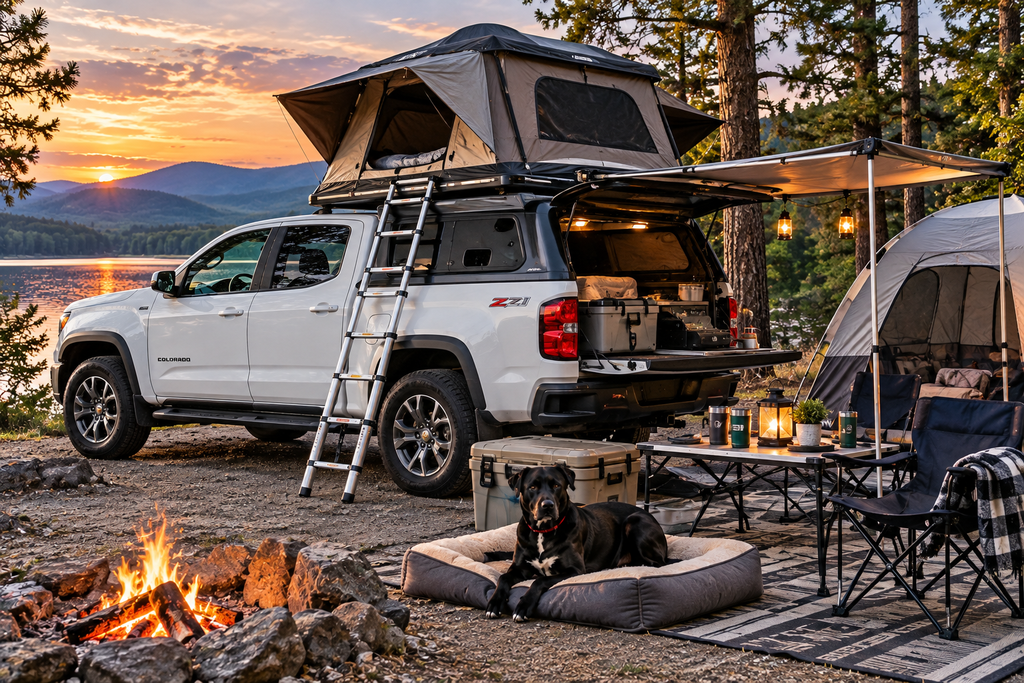 Sunset Lakeside Truck Camping Retreat White Chevy Colorado with a camper shell, rooftop tent, and camping equipment beside a lake.